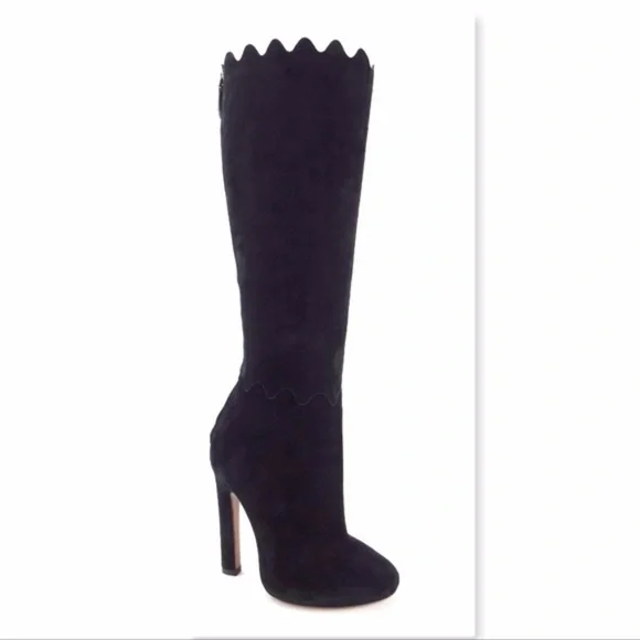 Unworn ALAIA Black Suede Leather Scalloped Top Heeled Boots 36
